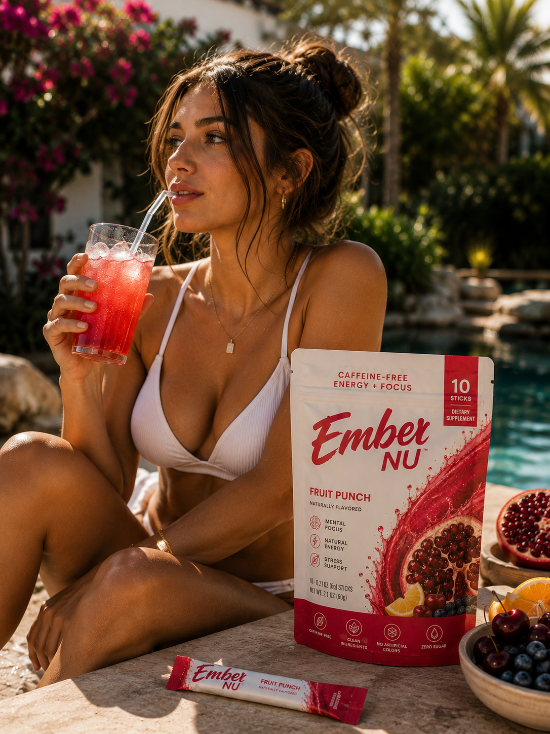 Woman enjoying an iced Ember Fruit Punch drink poolside with fresh cherries and pomegranate