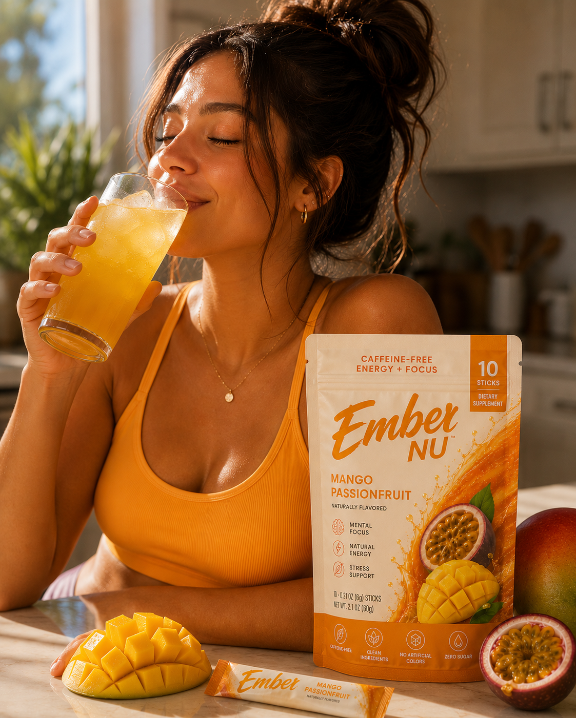 Woman drinking Ember Mango Passionfruit over ice beside fresh mango and passionfruit